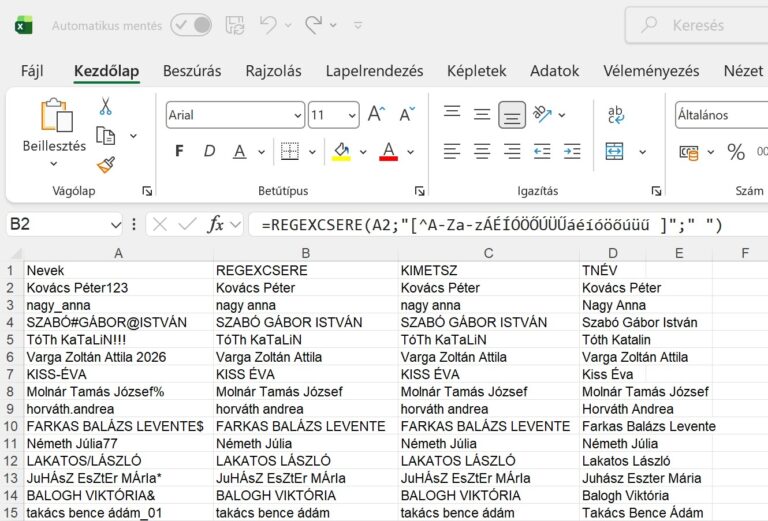 Nevek javítása (Excel)