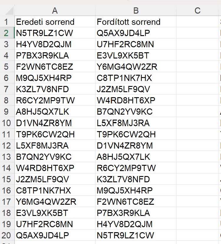 Lista sorrendjének megfordítása (Excel)