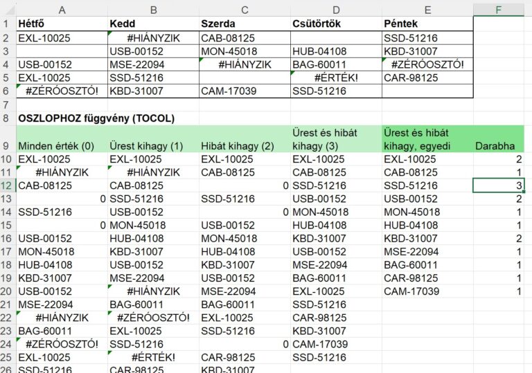 OSZLOPHOZ (TOCOL) függvény (Excel)
