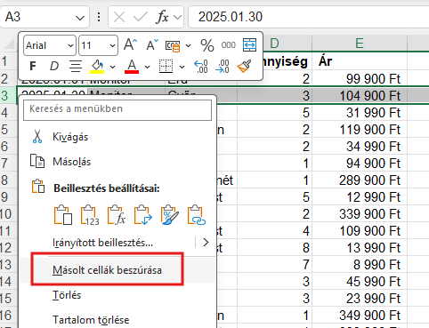 Sorok beszúrása meglévő adattartományba